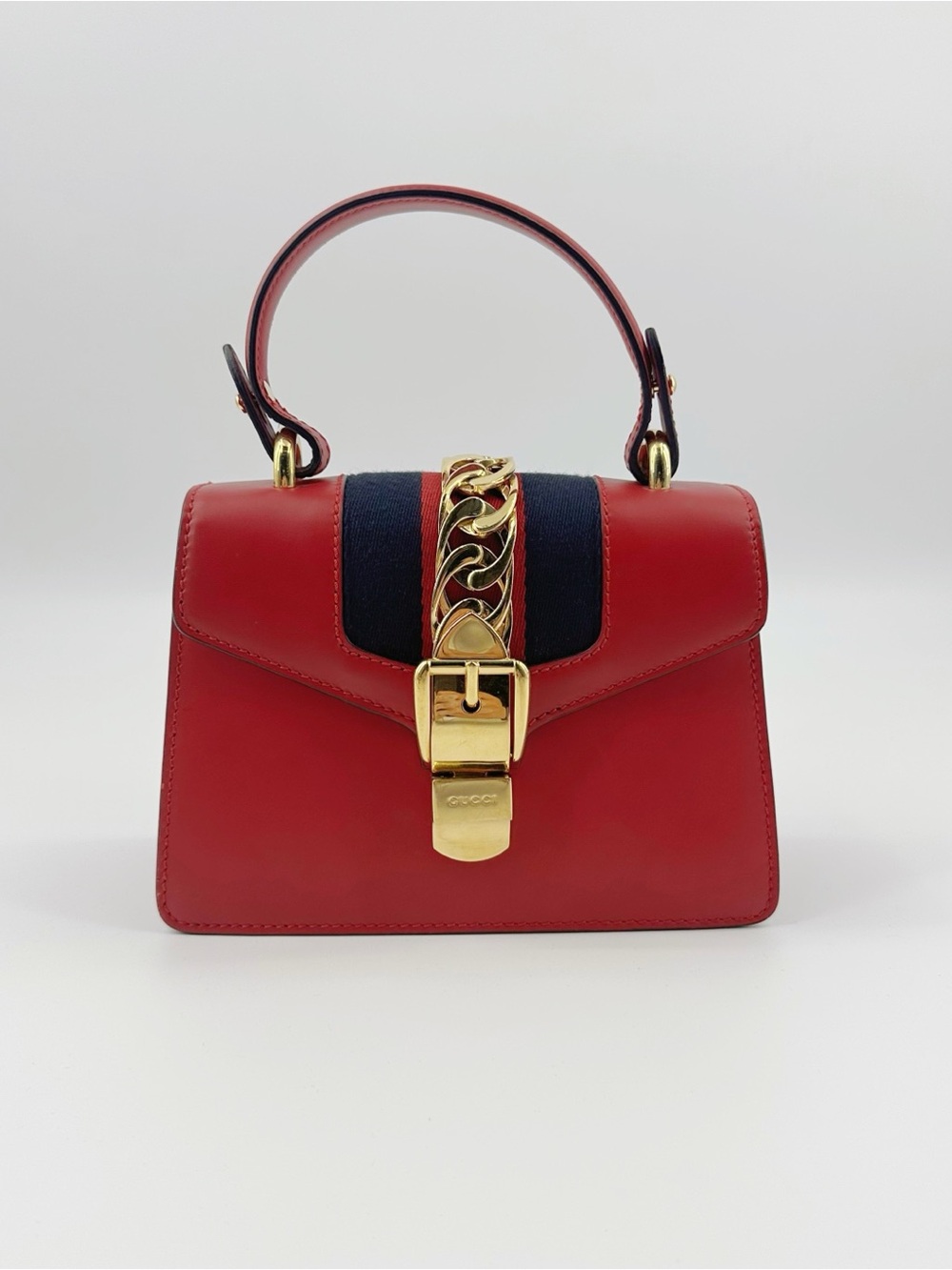 🚩steal Gucci Red Leather Top-Handle Satchel with Navy Stripe and Gold Chain